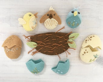 Nest, Eggs and Baby Birds Plush Sewing Pattern PDF download, SVG file, woodland felt animals nursery