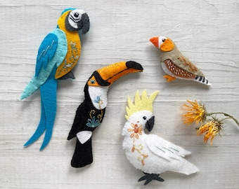 Modèle de couture animaux oiseaux tropicaux, téléchargement PDF, modèle peluche, fichier SVG, ornements en feutre