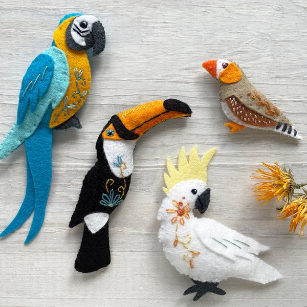 Tropical Birds animals Sewing Pattern PDF download, plush pattern, SVG file, felt ornaments