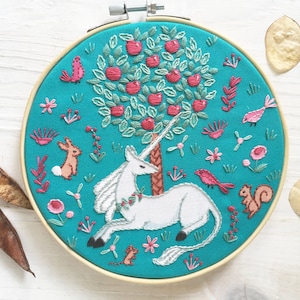 Unicorn Garden Hand Embroidery printed fabric sampler, Medieval design