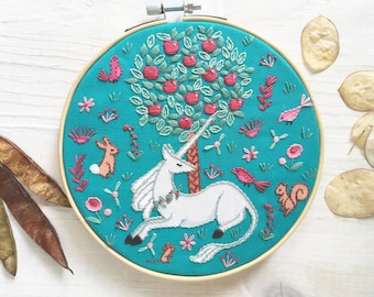 Unicorn Garden Hand Embroidery printed fabric sampler, Medieval design