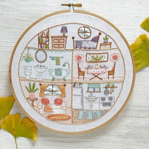 Little House Beginner Embroidery sampler, printed fabric Hand Embroidery Hoop Art Design, DIY image 1