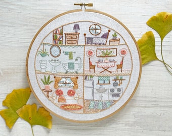 Little House Beginner Embroidery sampler, printed fabric Hand Embroidery Hoop Art Design, DIY