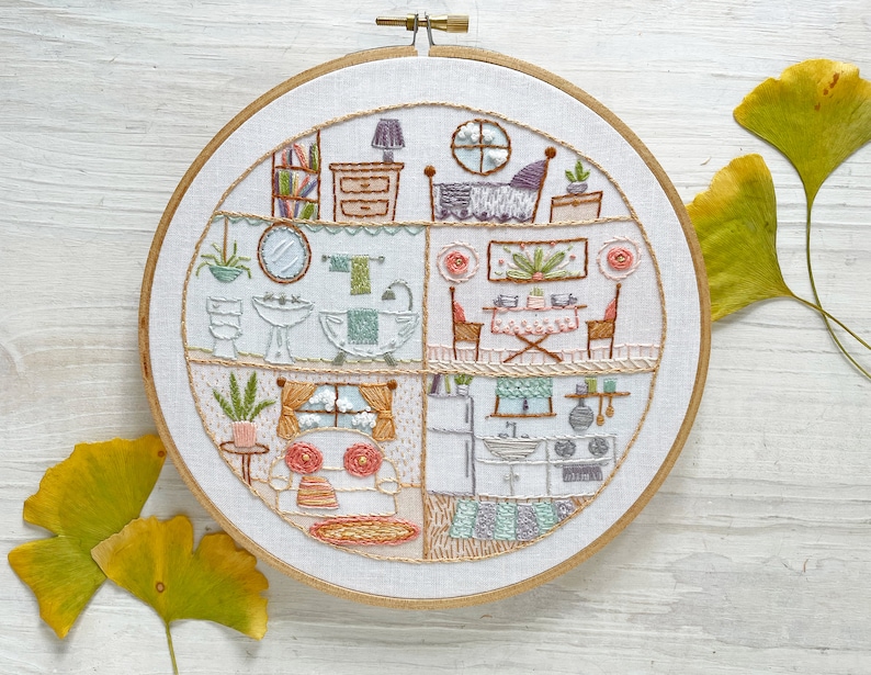 Little House Beginner Embroidery sampler, printed fabric Hand Embroidery Hoop Art Design, DIY image 1