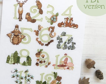 PDF Download Woodland 123 Numbers hand embroidery pattern, forest animals