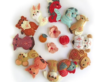 All 12 Chinese Zodiac felt animals Plush Sewing Patterns, PDF, SVG download for Felt Ornaments, Chinese New Year Finger Puppets, Baby Mobile