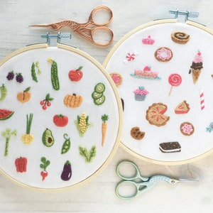 PDF Download Tiny Sweets and Veggies Hand Embroidery 2 Pattern set, Embroidery Hoop Art, dessert, food designs