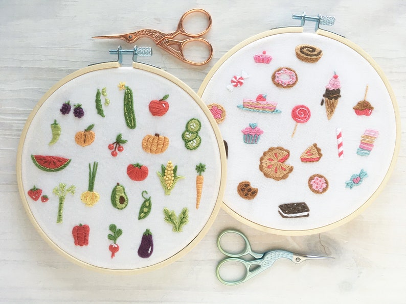PDF Download Tiny Sweets and Veggies Hand Embroidery 2 Pattern set, Embroidery Hoop Art, dessert, food designs image 1