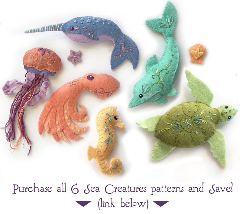 Sea Creatures Set 2 Felt Animals Sewing Pattern, PDF Download, SVG plush pattern for Dolphin, Sea Turtle, Seahorse image 7