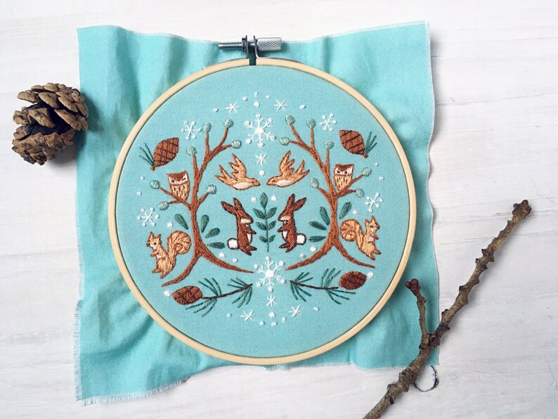 Winter Woodland Beginner Hand Embroidery color Sampler with printed fabric, Modern Embroidery Hoop Art image 3