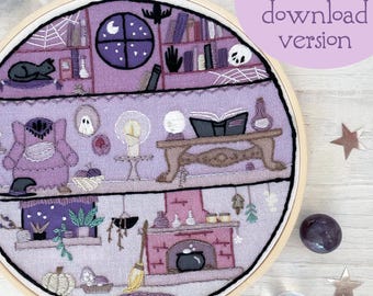 PDF download little magic house Hand Embroidery pattern, Halloween Witch DIY Decoration