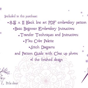May include: White background with text listing included items for an embroidery pattern. Includes an 8.5 x 11 black line art PDF, beginner instructions, transfer techniques, floss color palette, stitch diagrams, and a pattern guide. A deer illustration and the words "little dear" are at the bottom.