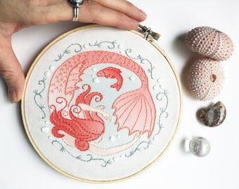 Mermaid Beginner Hand Embroidery color Sampler with printed fabric, Perfect for making Modern Embroidery Hoop Art, Mermaid Decor