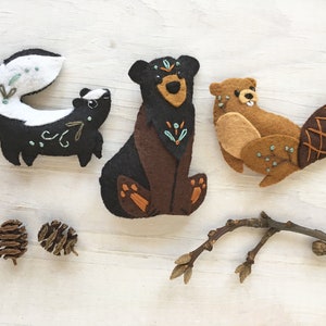 Bear, Skunk, Beaver felt animals sewing pattern PDF for Plush Woodland Creatures, digital download image 1