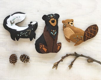 Bear, Skunk, Beaver felt animals sewing pattern PDF for Plush Woodland Creatures, digital download