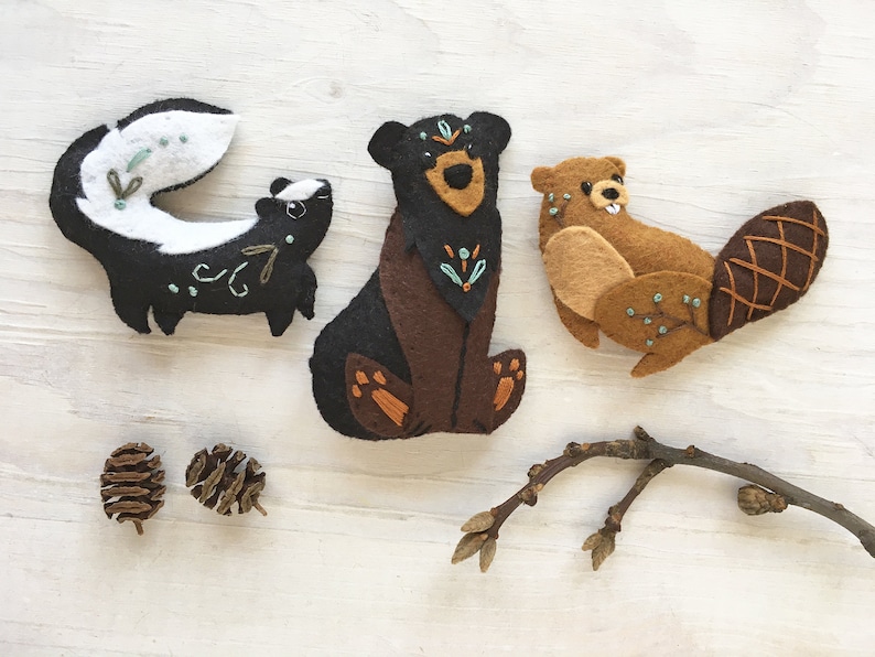 Bear, Skunk, Beaver felt animals sewing pattern PDF for Plush Woodland Creatures, digital download image 1