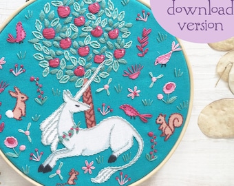 Unicorn Garden Hand Embroidery pattern, PDF download, medieval design