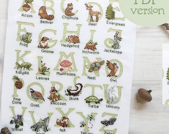 Woodland ABC Alphabet hand embroidery, forest animals PDF download pattern