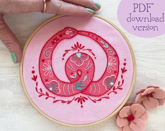 Year of the Snake Embroidery Pattern, Chinese Zodiac DIY (PDF Download)