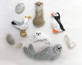 Coastal Creatures sewing pattern PDF for Felt Plush Beach Animals, digital download, otter, seal, puffin, seagull