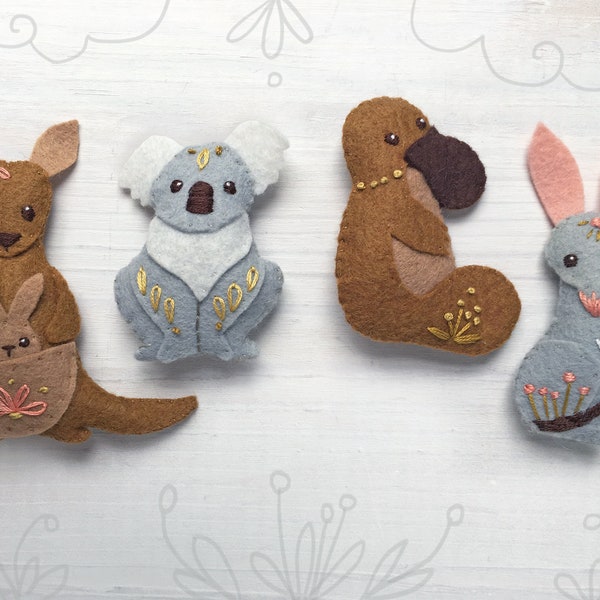 Australian Felt Animals Plush Sewing Pattern digital download, Kangaroo, Koala, Bilby, Platypus