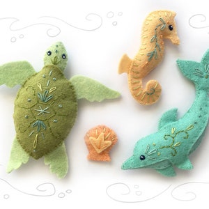 Sea Creatures Set 2 Felt Animals Sewing Pattern, PDF Download, SVG plush pattern for Dolphin, Sea Turtle, Seahorse