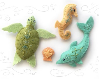 Sea Creatures Set 2 Filztiere Nähmuster, PDF Download, SVG Plüschmuster für Delfin, Meeresschildkröte, Seepferdchen