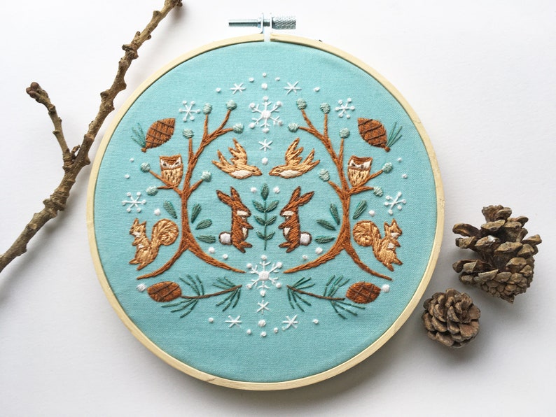 Winter Woodland Beginner Hand Embroidery color Sampler with printed fabric, Modern Embroidery Hoop Art image 1