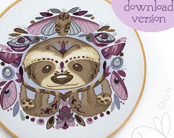 PDF download Sloths and Moths Large Hand Embroidery Pattern, DIY embroidery hoop art design