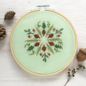 Evergreen Hand Embroidery color Sampler with printed fabric, Christmas Winter Mandala Embroidery Hoop Art image 1