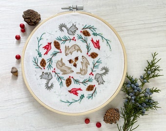 Winter Woodland Mandala Christmas Hand Embroidery printed fabric sampler