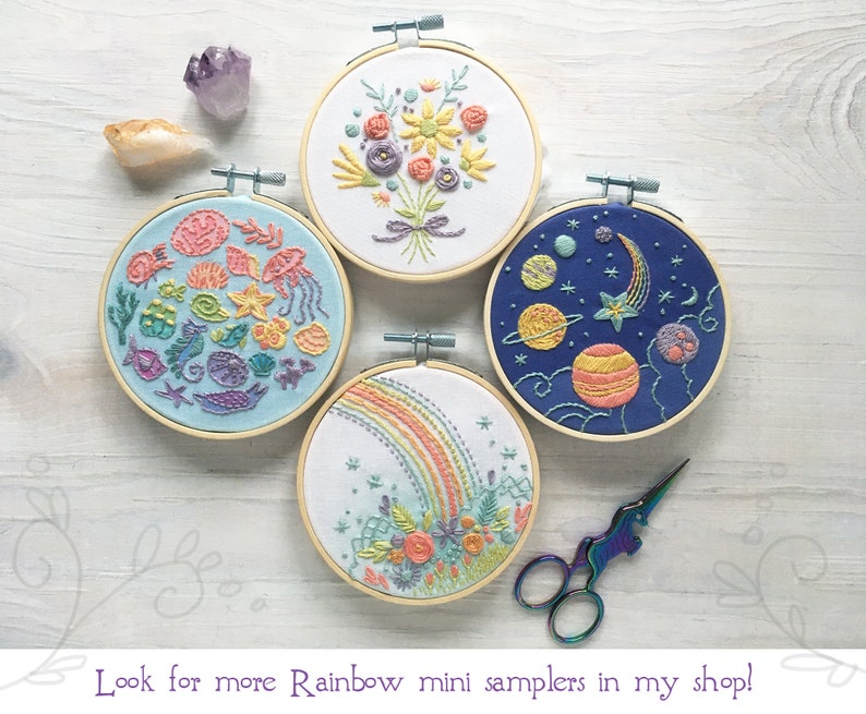 Planets and Stars Hand Embroidery 4 inch printed fabric Stitch Sampler, cosmic rainbow solar system, perfect for beginners zdjęcie 8