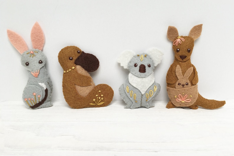 Australian Felt Animals Plush Sewing Pattern digital download, Kangaroo, Koala, Bilby, Platypus image 2