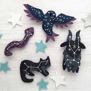 Constellation Animals set 2 Sewing Pattern PDF download, Celestial decor plush, SVG file, Cat, Owl, Snake and Bull