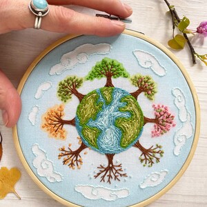 4 Seasons Earth Hand Embroidery color printed Sampler, embroidered trees