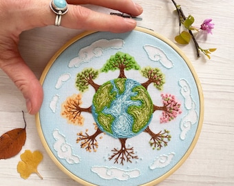 4 Seasons Earth Hand Embroidery color printed Sampler, embroidered trees