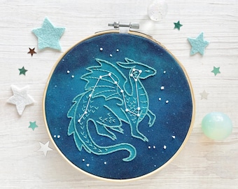 Constellation Draco Dragon Hand Embroidery Fabric Sampler, celestial star pattern