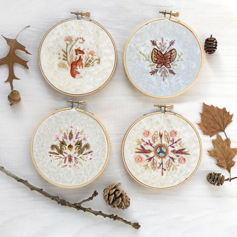 Four Mini Nature Motifs Hand Embroidery Pattern PDF Download Butterfly Fox Woodland Embroidery Hoop Art