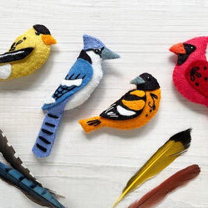 May include: Handmade felt bird ornaments in yellow, blue, orange, and red. The birds include a goldfinch, blue jay, oriole, and cardinal. Feathers in shades of blue, black, yellow, and brown are also present. These are perfect for nature lovers.