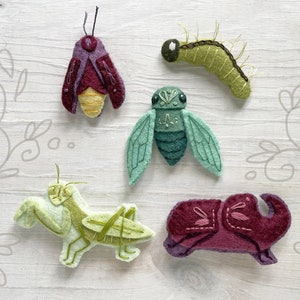 Beautiful Bugs set 2 Sewing Pattern PDF download, felt animals, cicada, praying mantis, firefly