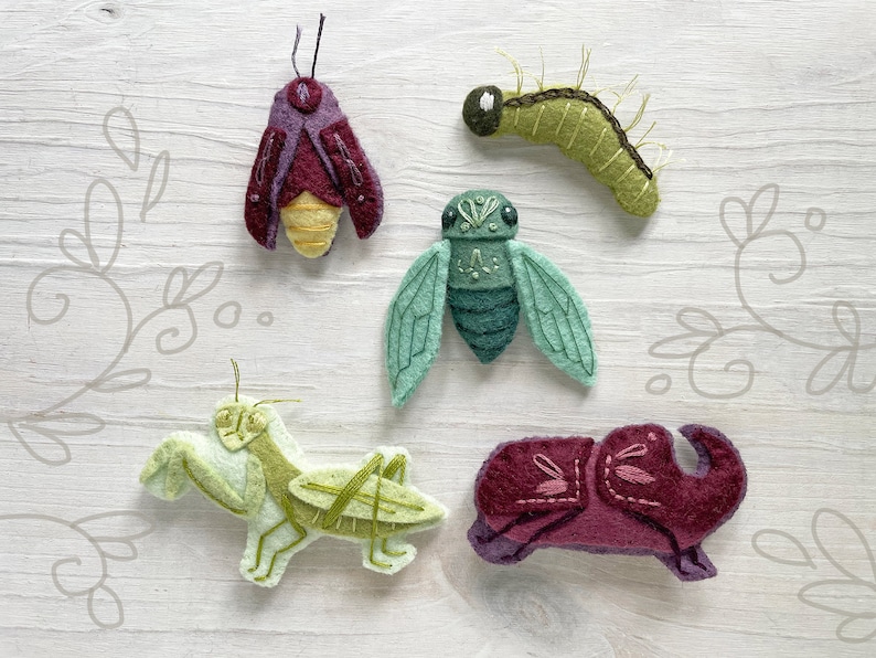 Beautiful Bugs set 2 Sewing Pattern PDF download, felt animals, cicada, praying mantis, firefly image 1