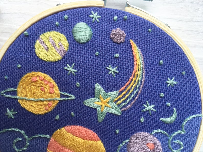 Planets and Stars Hand Embroidery 4 inch printed fabric Stitch Sampler, cosmic rainbow solar system, perfect for beginners zdjęcie 2