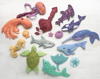 Plush Sewing pattern for 12 different Sea Creatures Felt Animals, PDF, SVG Download, Octopus, Narwhal, Dolphin, Felt Ornaments