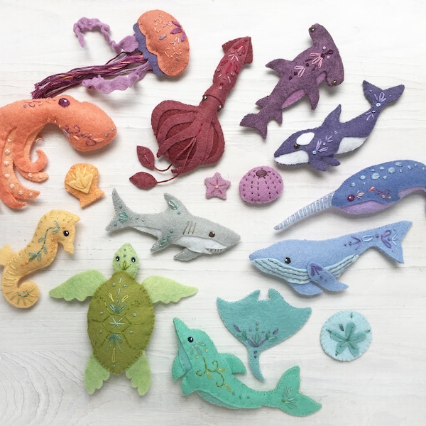 Patrón de costura de peluche para 12 animales marinos de fieltro diferentes, descarga en PDF y SVG, pulpo, narval, delfín, adornos de fieltro
