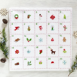 Christmas Advent Calendar Hand Embroidery color Sampler with printed fabric, Christmas decor