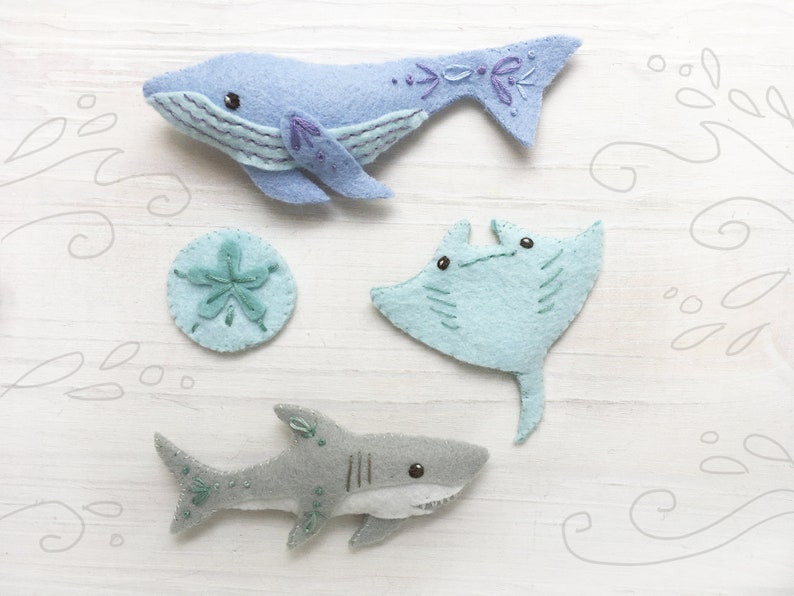 Sea Creatures Sewing pattern for 6 different Felt Animals, PDF, SVG Download, Shark, Whale, Squid image 2