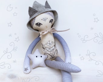 DIY Cut and Sew cloth doll with embroidery, Luna Fey moon fairy doll, embroidery sampler, craft kit, celestial decor