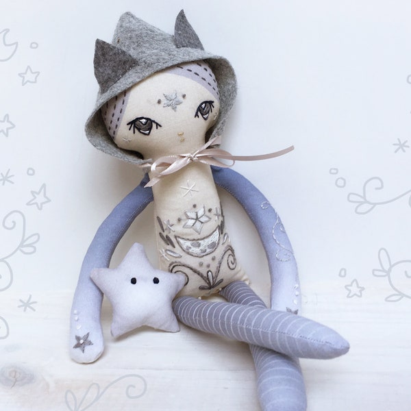 DIY Cut and Sew cloth doll with embroidery, Luna Fey moon fairy doll, embroidery sampler, craft kit, celestial decor