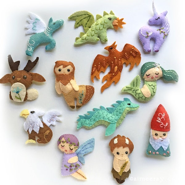 Plush Sewing Patterns for 12 different Mythical Creatures, Felt Animals, great for Baby Gift Mobile or Felt Ornaments, Unicorn, Mermaid