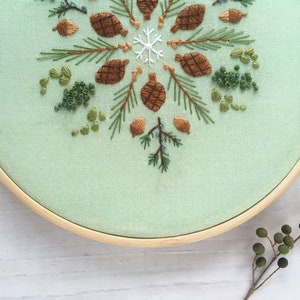 Evergreen Hand Embroidery color Sampler with printed fabric, Christmas Winter Mandala Embroidery Hoop Art image 3